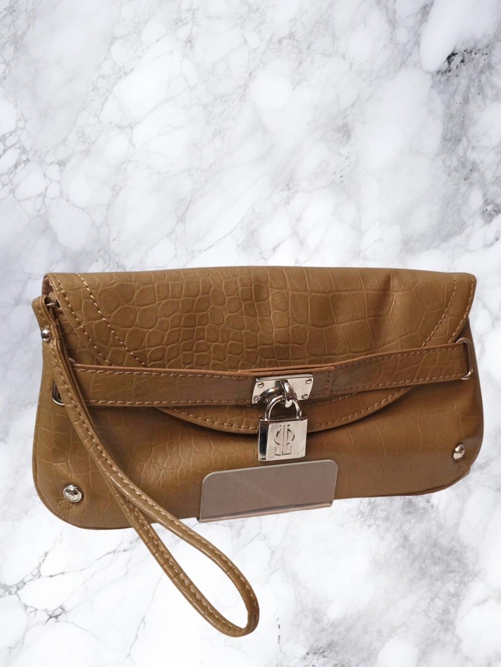 Jennifer Lopez Croc Clutch Wristlet Brown Faux Leather Lock Closure Silver Lock
